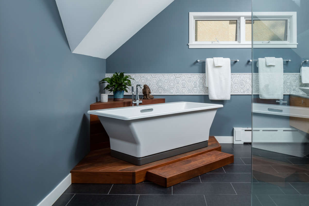 A Worldly Bath Retreat - Master bedroom suite remodel. Contemporary style and Zen-inspired aesthetic. Remodel of owner's suite in vintage 1920's home.  