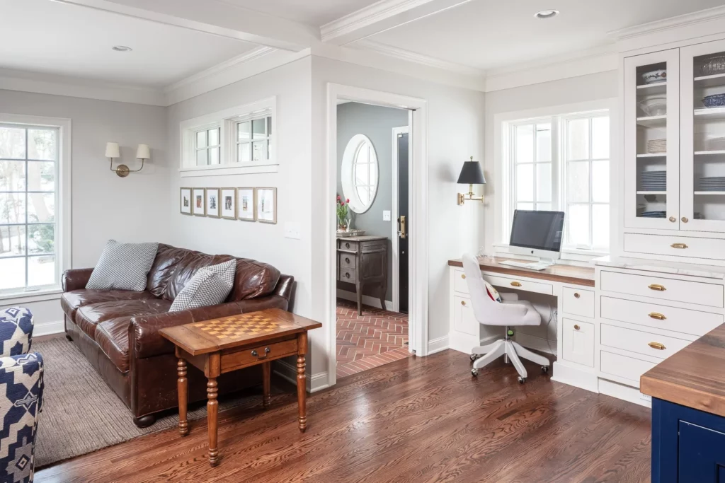 Custom office are built into a home near a doorway