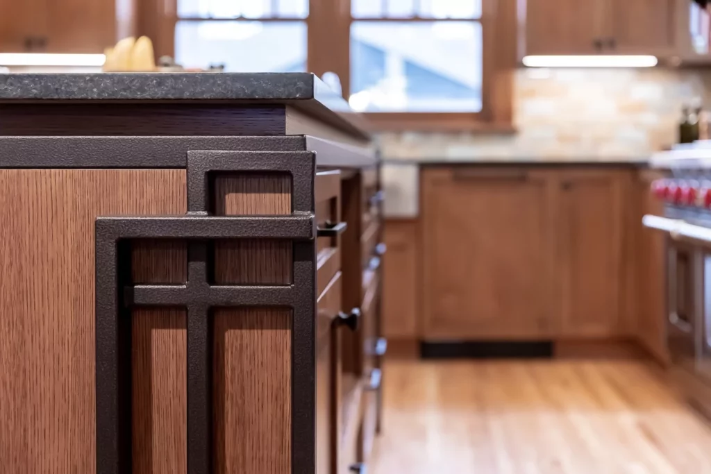 Metal design pieces on a kitchen island