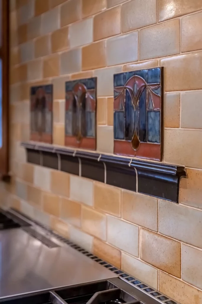 A view of the custom tiles used above the new stove