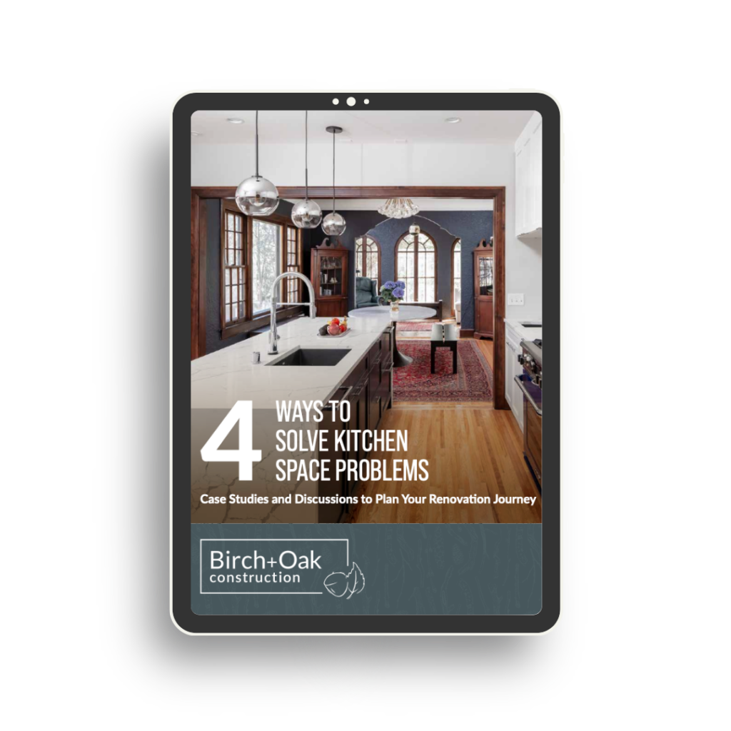 Graphic of an ipad with Birch+Oak's Kitchen Case studies cover on the screen