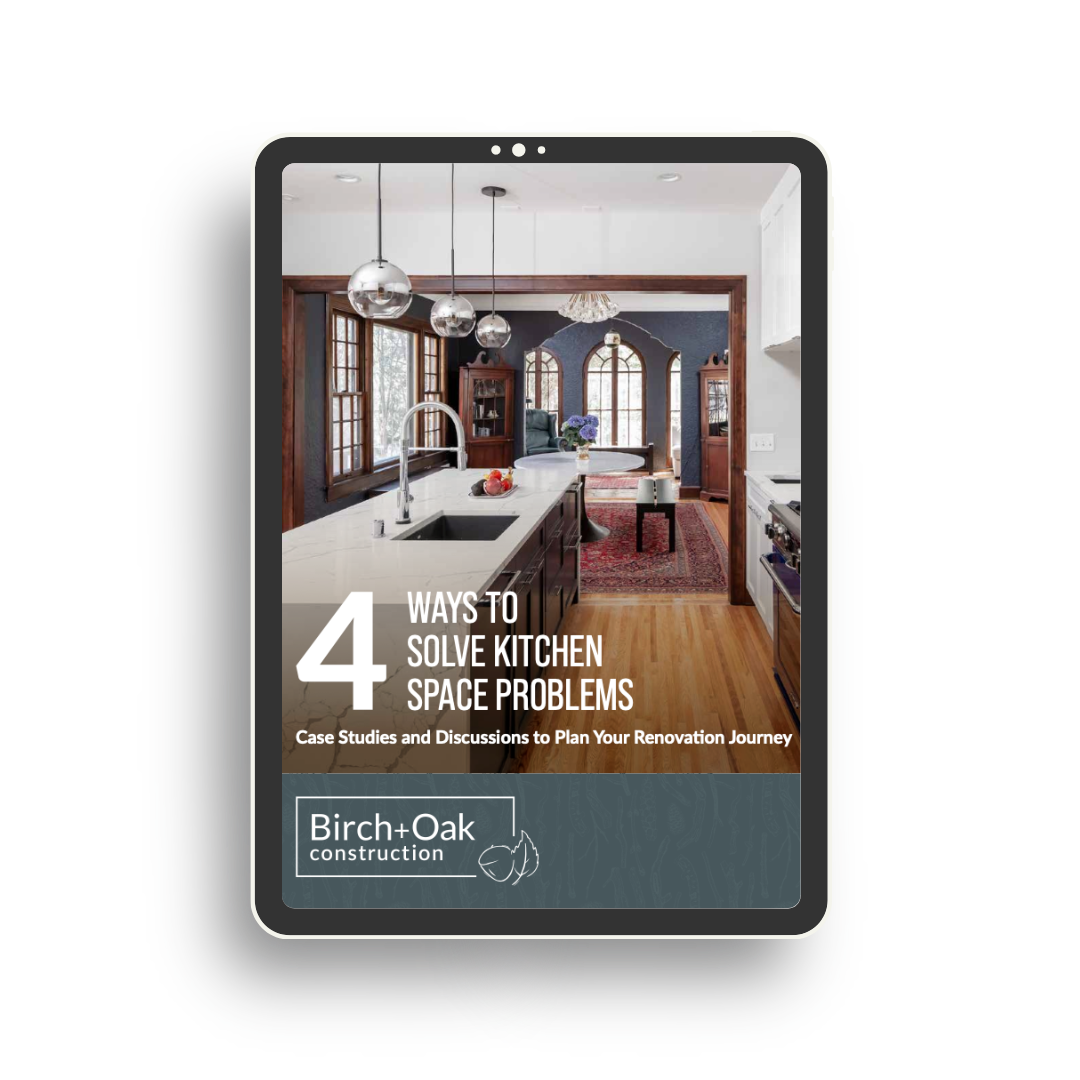 Graphic of an ipad with Birch+Oak's Kitchen Case studies cover on the screen